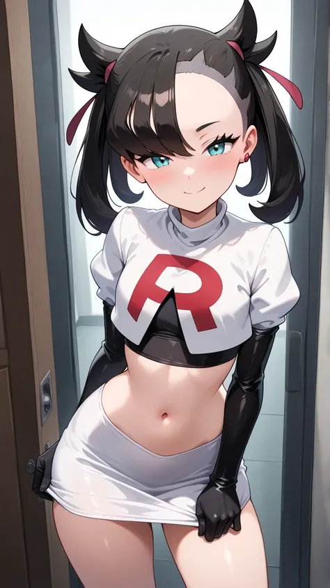(masterpiece) ,center,incredible quality,very aesthetic, absurd,NEW ,  Marnie (Pokémon), 18 years old, Perfect body,  very thin, pechos pequeños, slender thighs, Perfect Waist, Delgada, cabello negro dos coletas, blue eyes , I would be , flirty smile, flir...