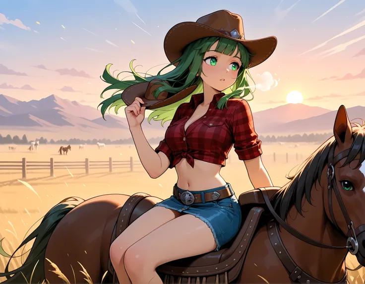 Vannamelon. green hair, long hair, hair moving, green eyes, seductive horsewoman with fitness model physique, plaid crop top, unbuttoned just enough, denim skirt, hugging curves perfectly, seated in saddle, looking to the side, seated with legs together, c...