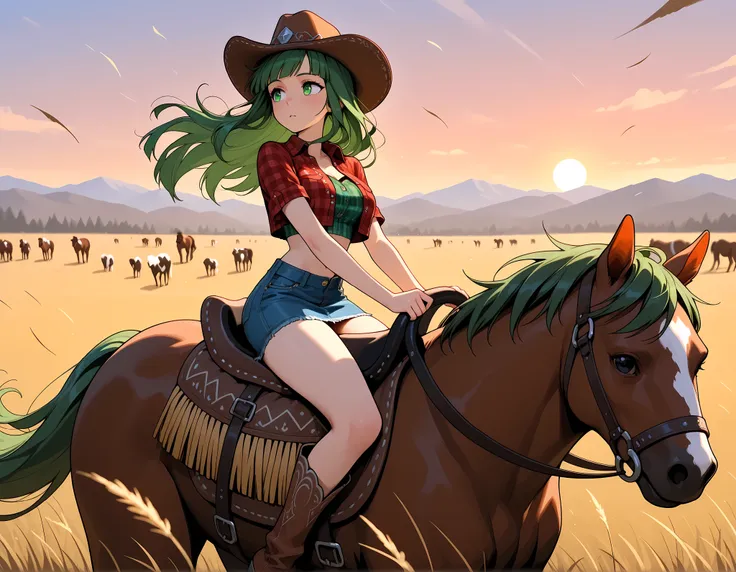 Vannamelon. green hair, long hair, hair moving, green eyes, seductive horsewoman with fitness model physique, plaid crop top, unbuttoned just enough, denim skirt, hugging curves perfectly, seated in saddle, looking to the side, seated with legs together, c...