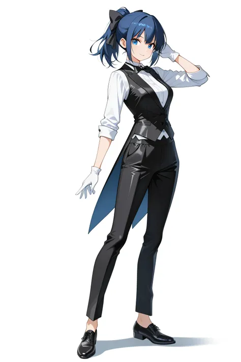 a full-body illustration of a beautiful anime girl with blue hair in a ponytail and blue eyes, wearing a sharp, well-fitted classic black tuxedo with a vest, white dress shirt, and black bow tie, black trousers, black leather shoes, and white gloves, no ac...