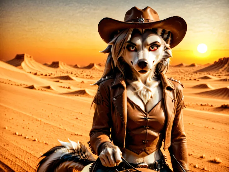Loona, furry, realisctic, fluffy tail, solo, In cowboy clothes, in cowboy hat, seductive sexy look, Riding a horse, holding the reins, outside, desert field, wild west, sunset, orange sky, ((closed mouth)), front view, high-range shot, ultrahigh details, u...
