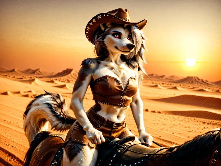 Loona, furry, realisctic, fluffy tail, solo, In cowboy clothes, in cowboy hat, seductive sexy look, Riding a horse, holding the reins, outside, desert field, wild west, sunset, orange sky, ((closed mouth)), from below, mid-range shot, ultrahigh details, ul...