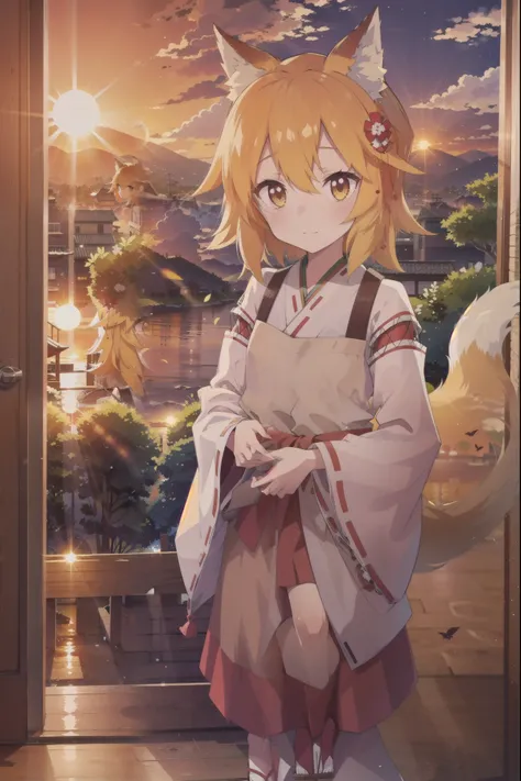  1girl, senko_(sewayaki_kitsune_no_senko-san),quiet evening, village, sunset, view of the sun, backlight, bakapose