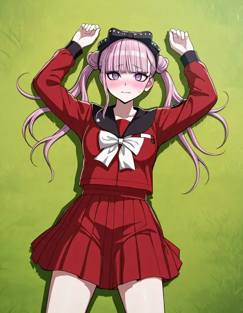 kako, pink hair, purple eyes, twintails, double bun, bow, blunt bangs, red serafuku, black sailor collar, red skirt, high quality, solo, lying, on back, arms up, legs apart, cowboy shot, closed mouth, wavy mouth, shy, on grass, looking at viewer, best qual...