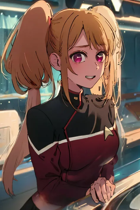 1girl, solo, Hoshino Ruby, saymbol-shaped pupils, (left star-shaped pupils:1.2), sparkling eyes, (star in left eye:1.2), symbol in eye, red eyes, long hair, blonde hair, , (side ponytail:1.1), with smirking eyes. expression  standing