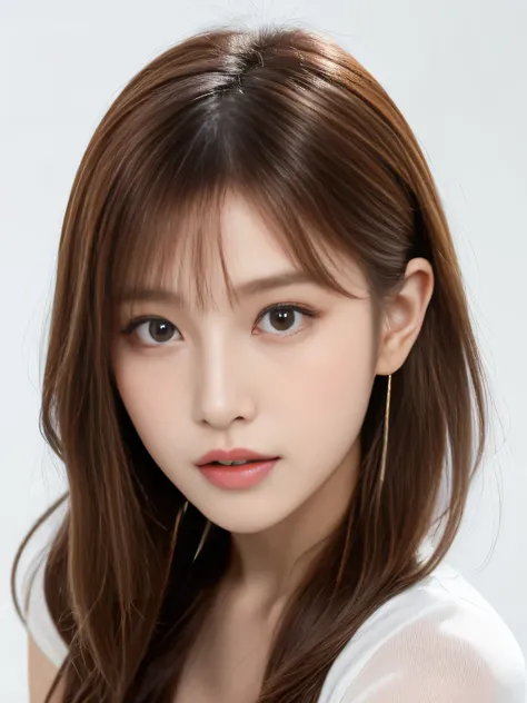 A beautiful young Korean model, cute idol-like appearance, upper body, Highly detailed face and skin texture, perfect face, Detailed eyes, (natural makeup), glossy lips, hyper pretty face, (19yo:1.3), brown ash hair, Slender, Stylish, radiant skin, subtle ...