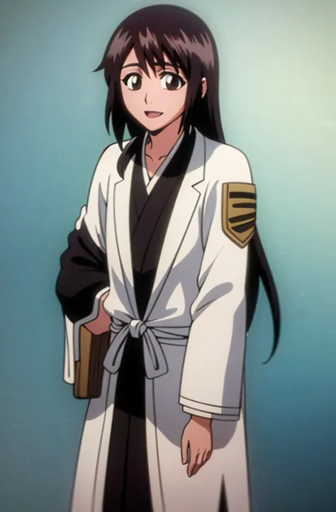 masterpiece, Highest quality , one girl from the side , romantic love , black hair, single ,straight long hair, Vancouver, brown eyes, kimono, white sleeveless coat ,Captain's coat without white sleeves, black kimono , smile, alone, I'm looking for , simpl...