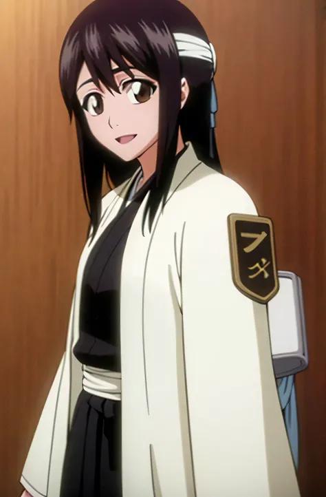 masterpiece, Highest quality , one girl from the side , romantic love , black hair, single ,straight long hair, Vancouver, brown eyes, kimono, white sleeveless coat ,Captain's coat without white sleeves, black kimono , smile, alone, I'm looking for , simpl...
