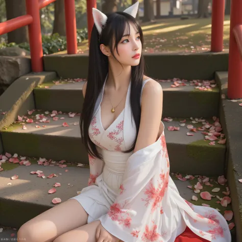 High angle, side shot, High-detailed 8K Ultra HD digital illustration in anime style with 'Fox's Love Confession' theme, featuring classic comics and toxic pop-art elements. Depicts a 25-year-old kitsune girl, tall, slender, with large breasts, glossy ligh...
