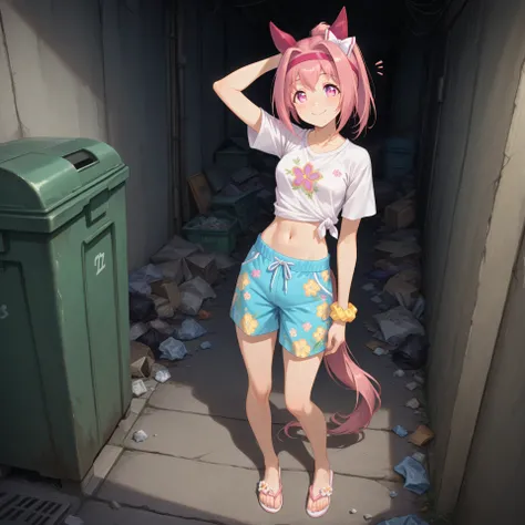 anime, lazypos, masterpiece, best quality, amazing quality, in alleyway, at dead end, garbage, trash, dumpster, 1girl, solo, alone, haru urara, ponytail, hair bow, white bow, headband, animal ears, horse ears, horse girl, ear covers, symbol in eye, flower ...
