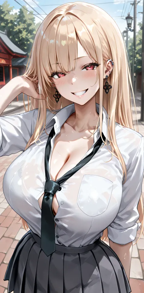 Masterpiece, best quality , 1 girl, nakamuramisaki, blonde hair, long hair, full bang, black tie, button gap , cleavage, ear piercing,  skirt , grin,  guardando lo spettatore, necktie between breasts, pleated  skirt, clear skin, outside setting <lora:nakam...