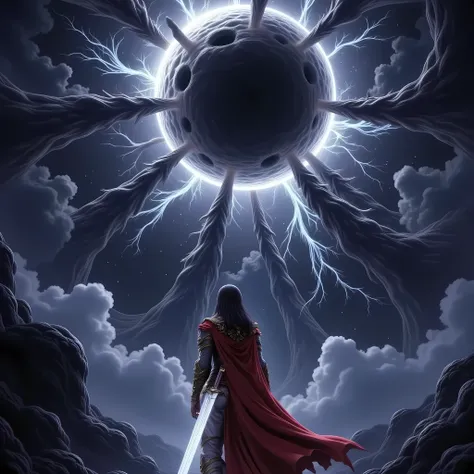 epic fantasy scene, hero with a sword, viewed from behind, standing in front of a massive space distortion, black hole-like rift in the sky, demonic arms emerging from the void, cosmic horror, glowing sword, wind blowing cloak, epic lighting, dark atmosphe...