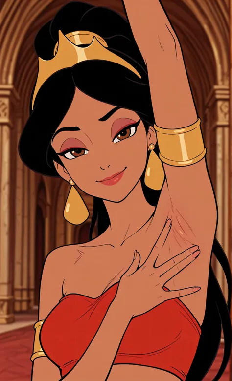 masterpiece, best quality, amazing quality, official style, flat color, blurry background, 1girl, solo, JasmineXL, long hair, black hair, high ponytail, brown eyes, dark skin, makeup, earrings, strapless, armlet, tube top, arabian clothes, crown, arm up, r...