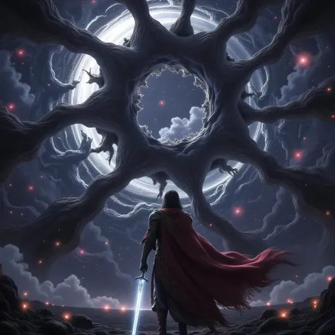 epic fantasy scene, hero with a sword, viewed from behind, standing in front of a massive space distortion, black hole-like rift in the sky, demonic arms emerging from the void, cosmic horror, glowing sword, wind blowing cloak, epic lighting, dark atmosphe...