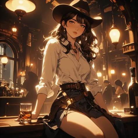 there is a female cowboy on an western bar at night, sitting with a glass of whiskey, wearing white shirt, small cleavage, jeans skirt, wearing high heels boots, wild west bar background, gaslight lamp,  dynamic angle, photorealism, depth of field, hyper r...