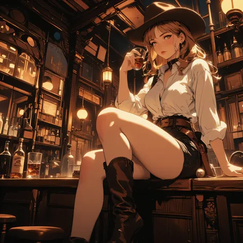 there is a female cowboy on an western bar at night, sitting with a glass of whiskey, wearing white shirt, small cleavage, jeans skirt, wearing high heels boots, wild west bar background, gaslight lamp,  dynamic angle, photorealism, depth of field, hyper r...