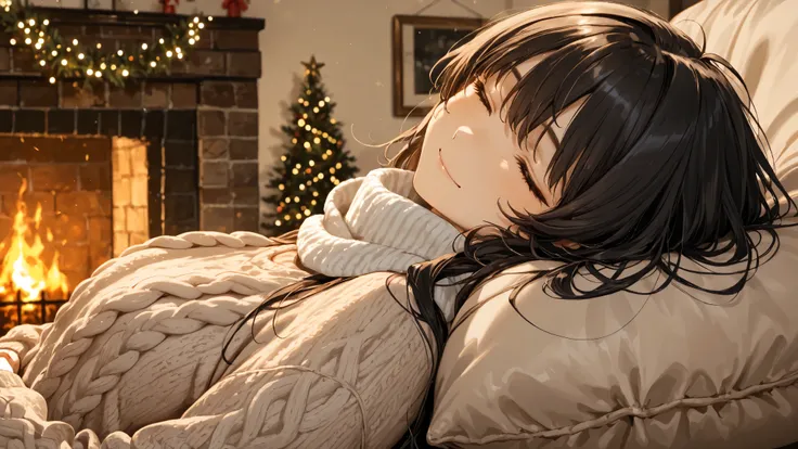 Close-up anime-style scene of a woman resting in front of a fireplace on Christmas Eve. She’s shown from the shoulders up, leaning back into a thick cushion with her eyes closed, a gentle smile on her face. Her long dark hair falls softly over a cozy knit ...