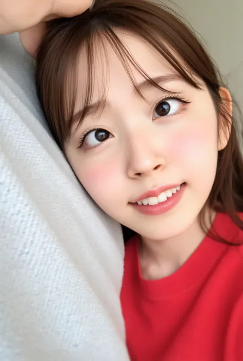 Close-up portrait of a cute little girl leaning in the eye、Expressive、Adorable Smile、Big bright eyes、pink cheeks、smooth skin、Soft Natural Light、soft focus、shallow depth of field、Studio Shot、professional lighting、high resolution、8K、super realistic、Detailed ...