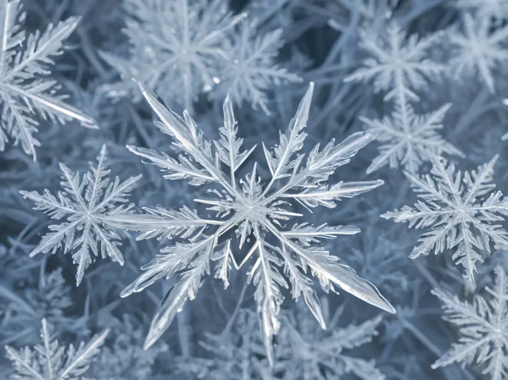 highest quality, ultra-high resolution is shown, detailed, overlapping layers of camping snowflakes, rich space filling, endless snow crystal pattern, macro photography of snowy snowflakes