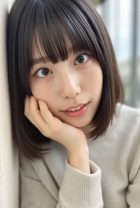 Close-up portrait of a cute little girl leaning in the eye、Expressive、Adorable Smile、Big bright eyes、smooth skin、Soft Natural Light、soft focus、shallow depth of field、Studio Shot、Professional Lighting、high resolution、8K、super realistic、Detailed Description