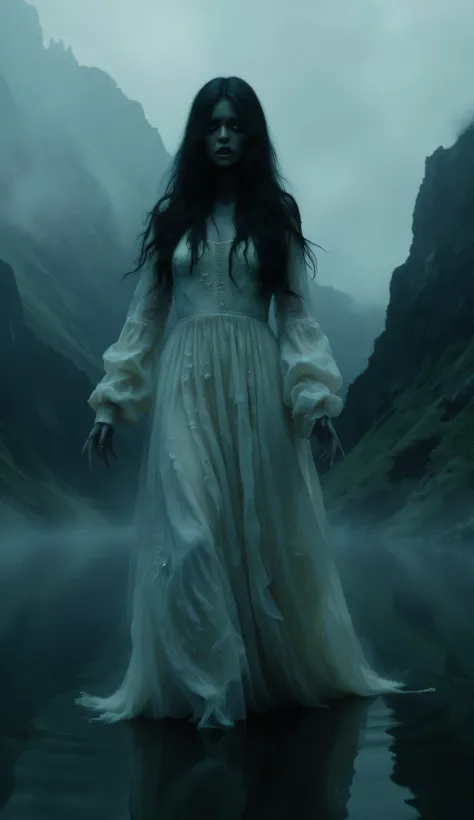 Specter of a woman dressed in white floating above a lake, the crying woman, bright eyes, black hair, white dress,   ghost, dark and dark landscape, fog, high resolution image, 
