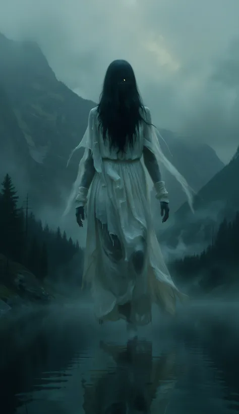 Specter of a woman dressed in white floating above a lake, the crying woman, bright eyes, black hair, white dress,   ghost, dark and dark landscape, fog, high resolution image, 
