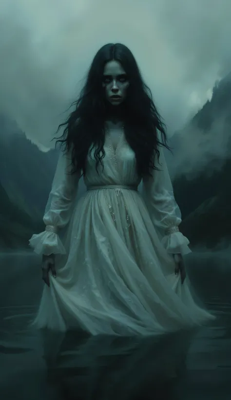 Specter of a woman dressed in white floating above a lake, the crying woman, bright eyes, black hair, white dress,   ghost, dark and dark landscape, fog, high resolution image, 
