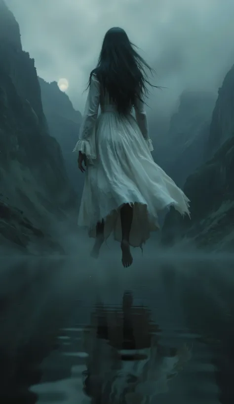 Specter of a woman dressed in white floating above a lake, the crying woman, bright eyes, black hair, white dress,   ghost, dark and dark landscape, fog, high resolution image, 
