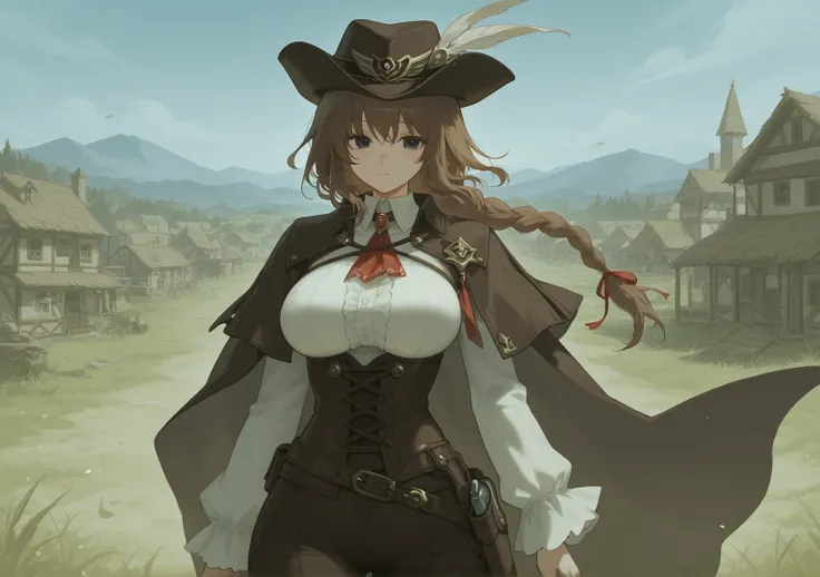 1 girl, solo, Brown hair, black eyes, very large breasts, low ponytail, braided ponytail, sheriff outfit, hat, holster, wilderness, village
