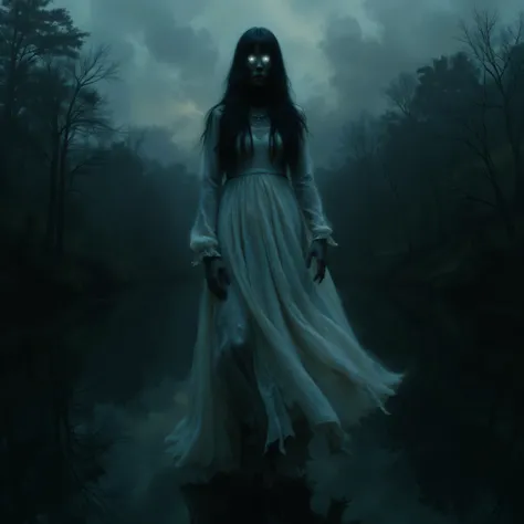 Specter of a woman dressed in white floating above a lake of Xochimilco, the crying woman, luminous whithe eyes, black hair, white dress,   ghost, dark and dark landscape, dark night, fog, high resolution image, Ghost, 
