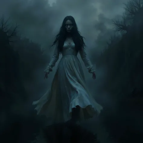 Specter of a woman dressed in white floating above a lake of Xochimilco, the crying woman, luminous whithe eyes, black hair, white dress,   ghost, dark and dark landscape, dark night, fog, high resolution image, Ghost, 
