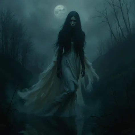 Specter of a woman dressed in white floating above a lake of Xochimilco, the crying woman, luminous whithe eyes, black hair, white dress,   ghost, dark and dark landscape, dark night, fog, high resolution image, Ghost, 
