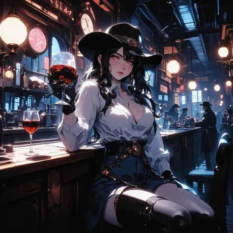 there is a female vampire cowboy on an western bar at night, sitting with a glass of wine filled with blood, red glowing eyes, wearing white leather shirt, small cleavage, jeans skirt, wearing high heels boots, wild west bar background, gaslight lamp,  dyn...