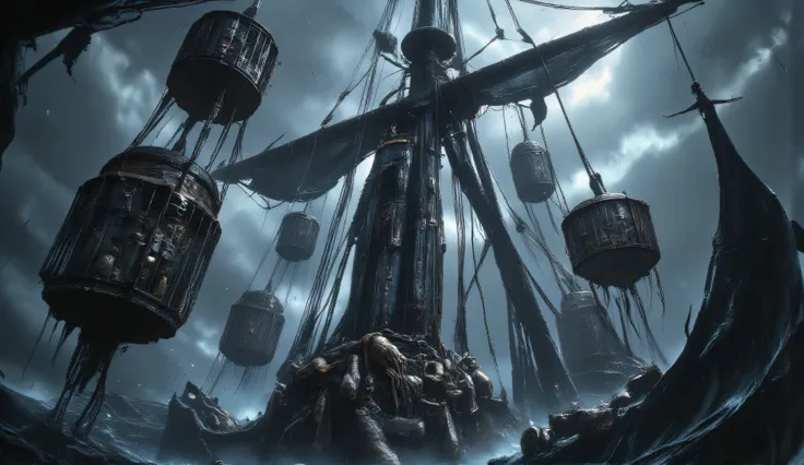 the mast of a wooden ship. at its ends, there are large iron cages hanging on chains, with human skeletons inside. black sails. a pale blue night sky. a whirlwind, black sails, and a downpour. horror