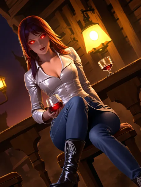 there is a female vampire cowboy on an western bar at night, sitting with a glass of wine filled with blood, red glowing eyes, wearing white leather shirt, small cleavage, jeans skirt, wearing high heels boots, wild west bar background, gaslight lamp,  dyn...