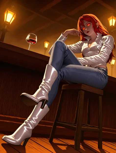 there is a female vampire cowboy on an western bar at night, sitting with a glass of wine filled with blood, red glowing eyes, wearing white leather shirt, small cleavage, jeans skirt, wearing high heels boots, wild west bar background, gaslight lamp,  dyn...