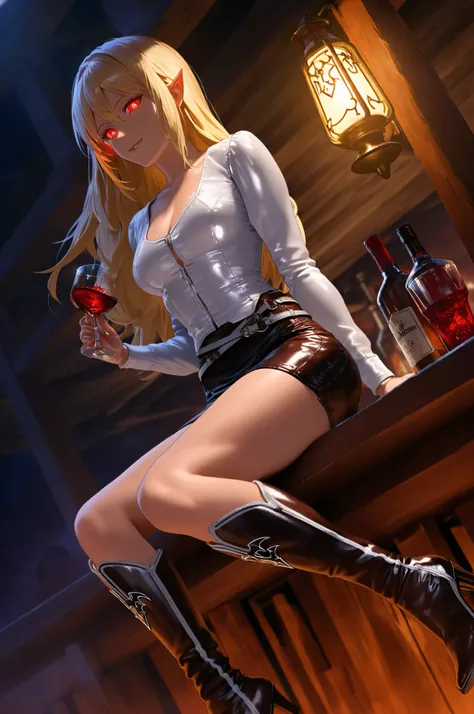 there is a female vampire cowboy on an western bar at night, sitting with a glass of wine filled with blood, red glowing eyes, wearing white leather shirt, small cleavage, leather skirt, wearing high heels boots, wild west bar background, gaslight lamp, d...