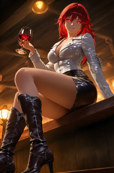 there is a female vampire cowboy on an western bar at night, sitting with a glass of wine filled with blood, red glowing eyes, wearing white leather shirt, small cleavage, leather skirt, wearing high heels boots, wild west bar background, gaslight lamp, d...