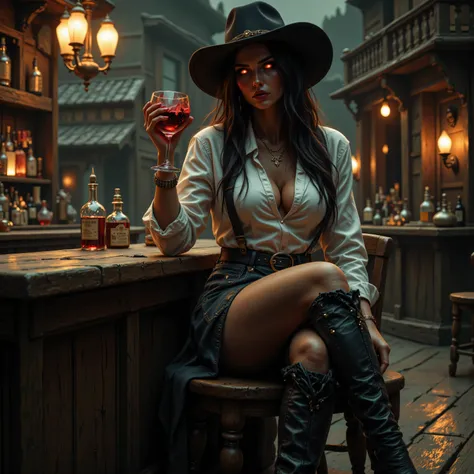 there is a female vampire cowboy on an western bar at night, sitting with a glass of wine filled with blood, red glowing eyes, wearing white leather shirt, small cleavage, jeans skirt, wearing high heels boots, wild west bar background, gaslight lamp,  dyn...