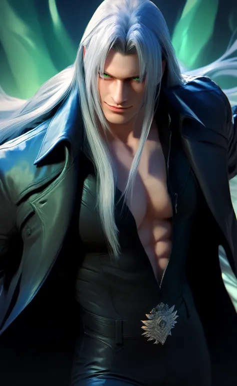1male,solo,sephiroth,sillver hair,long hair,green eyes,black coat,black bodysuit,black pants,smirk,big muscle,Devil may cry style