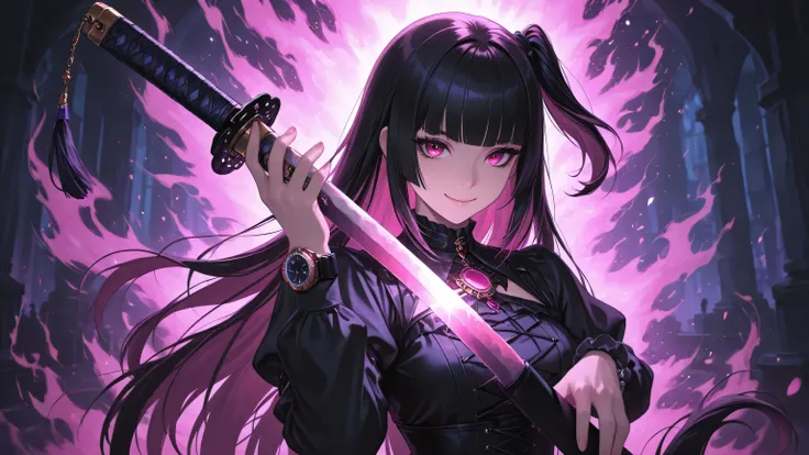  masterpiece,  top quality,  general , pink aura light,Sluisap,Sakimistyle,XXX668 _illu,748cmstyle,dark gothic, great quality,  CHARACTER FOCUS ,  minimalist,  side angle,  upper body,  Princess cut, Long horse tail , Cybernetic , has katana, pose smile , ...