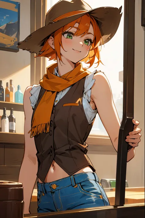 masterpiece、top quality、girl、Anime Paintings、orange hair、beautiful green eyes、bob hair、Cowboy Hat、brown sleeveless vest、white sleeveless collared shirt、denim jeans that show your navel、scaly scarf、upper body closeup、From the side、Smile Yan、movie-like light...