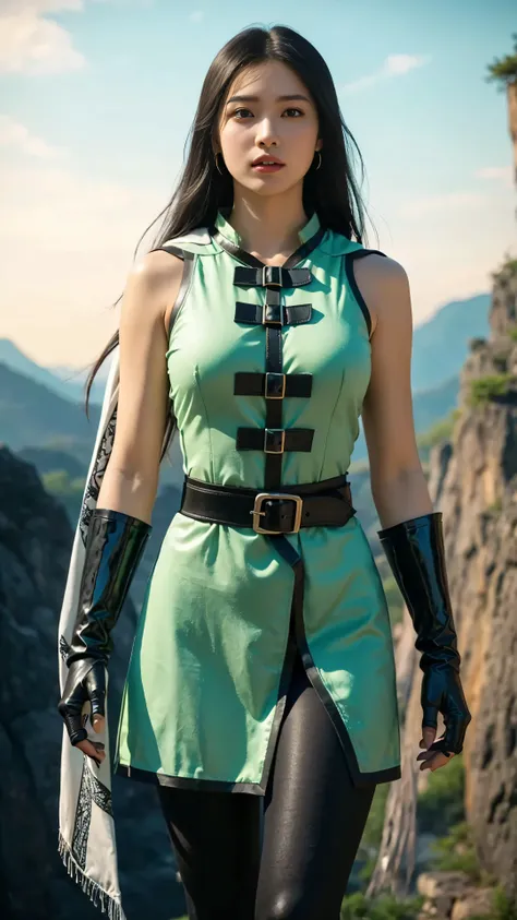 fix this picture, 1 girl, japanese girl, long hair, red lips, glossy lips, dragon shiryu from Saint Seiya series, Dragon Shiryu cosplay, professional cosplay, She wears a sleeveless mint green tunic with an asymmetrical design, adorned with several horizo...