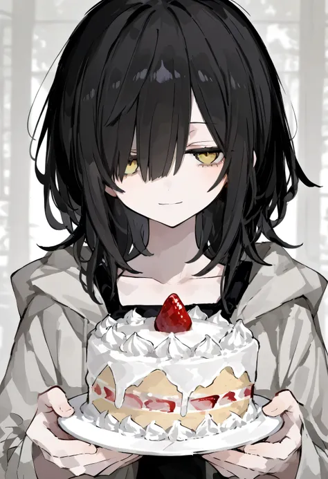 detailed,super fine illustration,748cmstyle,1girl,hair over one eyes,black hair,yellow eyes,jitome,light smile,Offering a cake