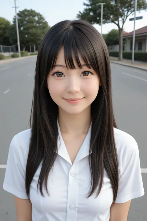 photorealistic, masterpiece, top quality, Very High Resolution, hi-res, Fine Textures, Super Detailed, Realistic, Realistic, cute, 女子student, sight, semi-long hair, Standing, dark haired, big eyes, Fair skin, 14 years old, student, uniform, Smile Yan,  fin...
