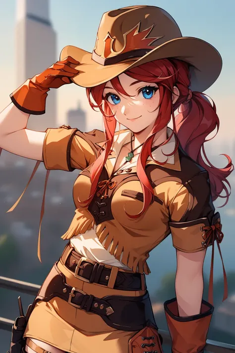 score_9, score_8_up, score_7_up, very aesthetic, source_anime, detailed, high quality, beautiful, masterpiece, detailed eyes,
cityscape, blurry background,
<lora:lightXL:0.8>
cowboy shot, upper body,
adjusting headwear, light smile, mouth closed, 
<lora:ge...