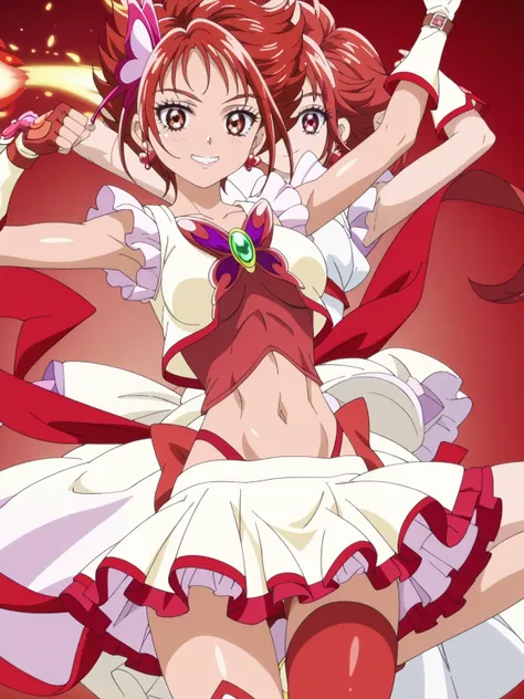score 9 、score 8 up、score 7 up、source anime、傑作、best quality、best resolution、best image quality、anime coloring、anime screenshot、anime screencap、1girl、cure rouge、red hair、short hair、brown eyes、spiked hair、solo、solo、White dress with red accents、red butterfly ...