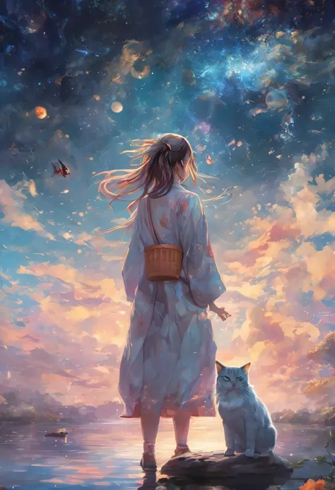 A beautiful girl appeared from the surface of the lake、A huge cat with a basket is standing behind the pretty girl、 Background　space　Andromeda Galaxy, Super Detailed, Absolute Determination, masterpiece、Japanese art、最高masterpiece、Surrealism、