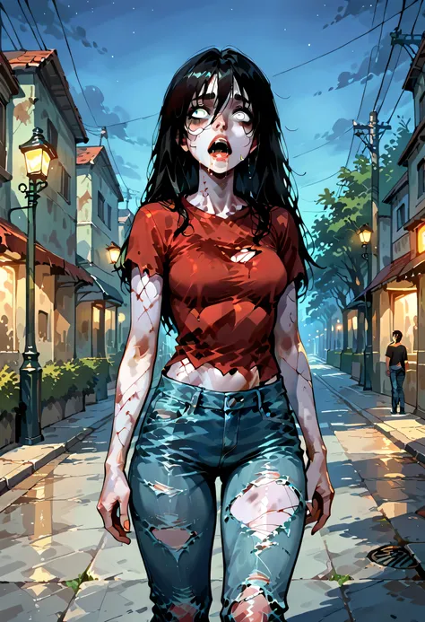 (Zombie Girl), Black Hair, Messy Long Hair, Black Thin Eyebrows, White Eyes, Lips Without Makeup, (Open Mouth, Saliva), (Medium Breasts), (Torn T-Shirt), Standing, (Blue Denim Jeans Pants, Torn Denim Jeans Pant), (Monster Zombie Girl), Looking At Me, (Dark...