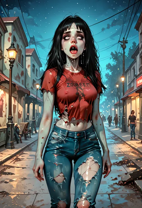 (Zombie Girl), Black Hair, Messy Long Hair, Black Thin Eyebrows, White Eyes, Lips Without Makeup, (Open Mouth, Saliva), (Medium Breasts), (Torn T-Shirt), Standing, (Blue Denim Jeans Pants, Torn Denim Jeans Pant), (Monster Zombie Girl), Looking At Me, (Dark...